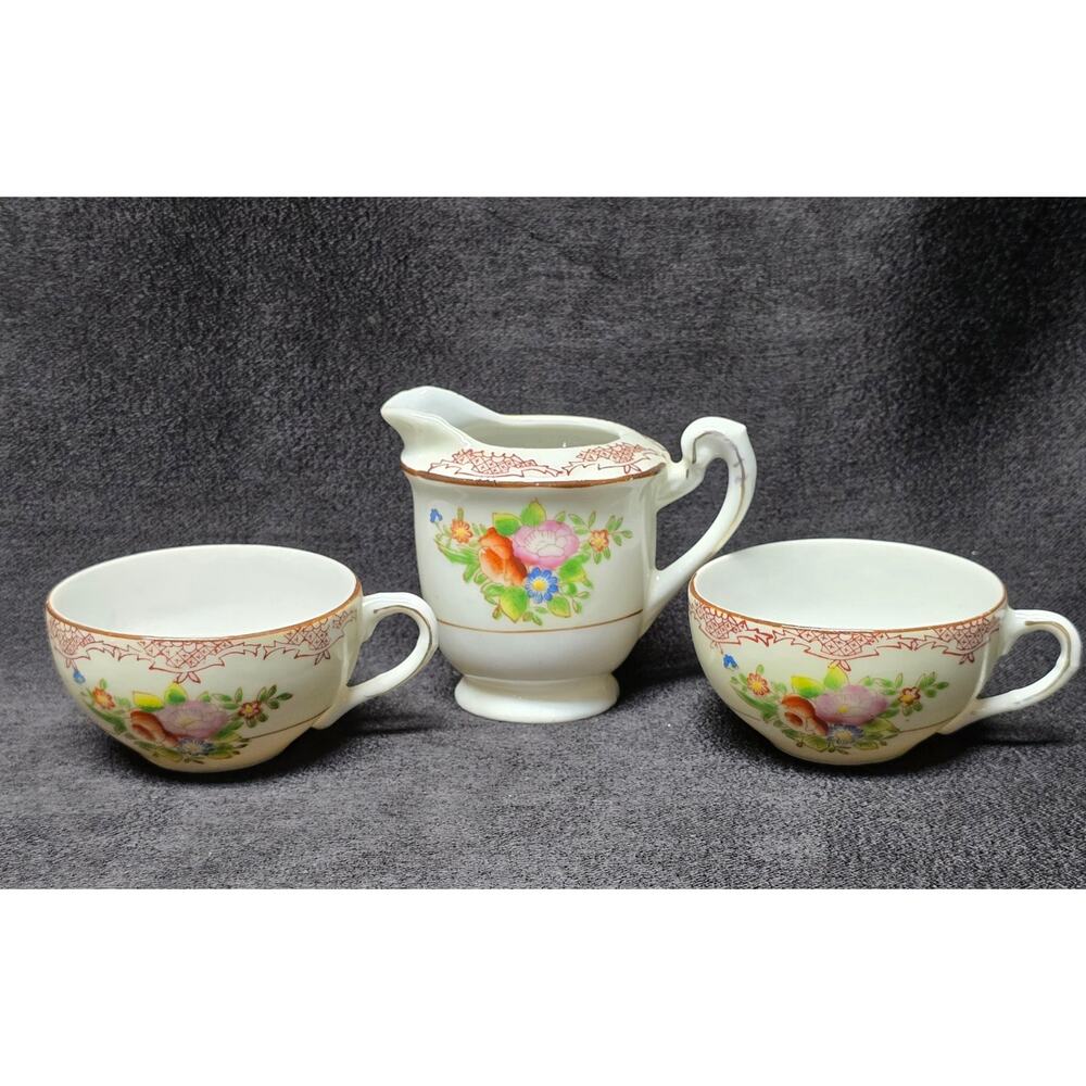 Vintage 3 Piece Porcelain Child's Tea Set Pitcher & 2 Saucer Cups Made In Japan
